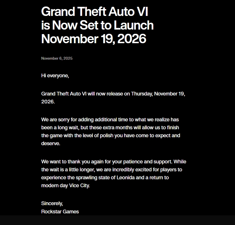 GTA 6 İçin Bir Erteleme Daha Geldi Ekran görüntüsü_7-11-2025_7564_www.rockstargames